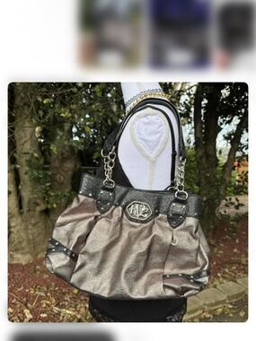 Kathy Van Zeeland Metallic Pewter Shoulder Bag with Black Trim